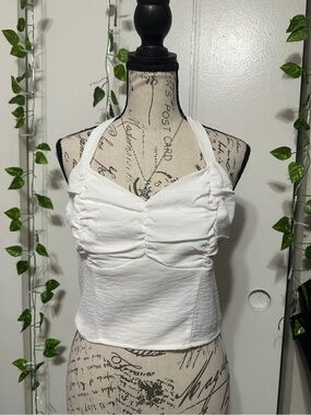 White Ruched Halter Crop Top - Women